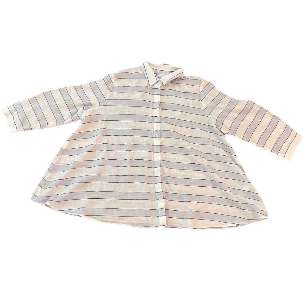 J Jill Women’s Top L Lagenlook‎ Coastal Gauzy Blue White Striped Button Up Sheer